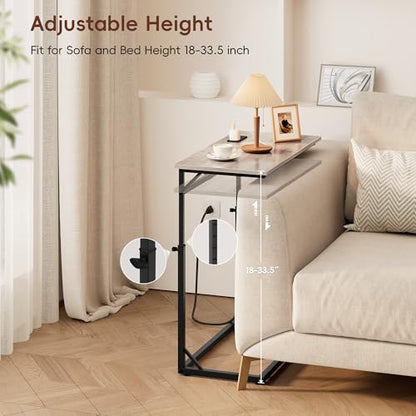 C Shaped End Table with Charging Station, C-Table End Table Adjustable Height Side Table for Couch, Large Couch Table, Slide Under Couch Table TV Tray Table for Sofa,Living Room,Bedroom, Grey - color: Greige, style: With Plug