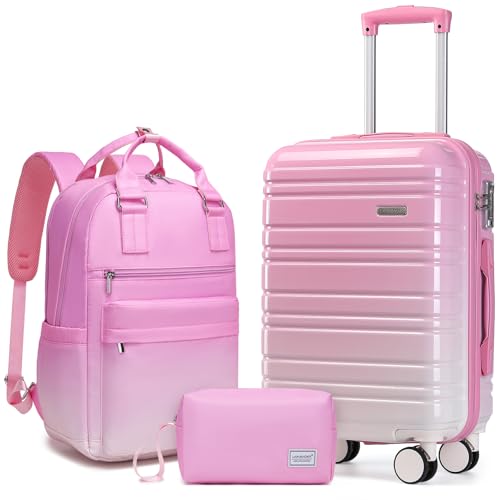 LARVENDER Carry on Luggage Sets 3 Piece, 20 Inch Suitcases, Peach Sparkling | 22x14x9 Airline Approved, Gradient PC+ABS Hardshell, Smooth 360° Wheels, TSA Lock, 3-Piece Set with Color-matched Backpack - color: Peach Sparkling-20BP, size: 3 Piece Set (Back