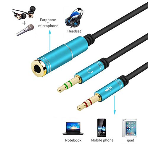 3.5mm Headphone Splitter Adapter Female to 2X 3.5 mm Male Converter Cable Headphone Mic Audio Y Splitter Cable Smartphone Headset to PC Adapter –for Microphone with 4 Pin (Blue) - color: Blue