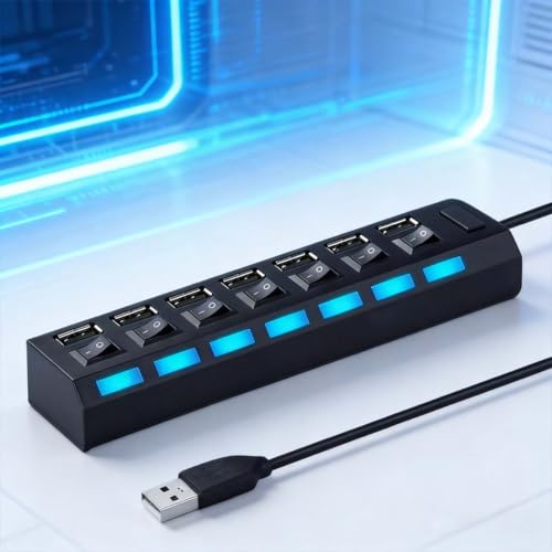 1 Pack 7 Port USB Hub 3.0,USB Hub Splitter with Individual On/Off Switches | Lights Compatible with Laptop,Mobile HDD,PC,Flash Drive - color: 7 Port