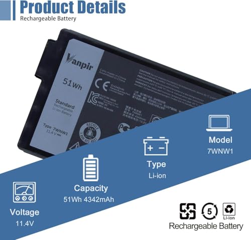 7WNW1 Laptop Battery Replacement for Dell Latitude 7424 5424 5420 Rugged Extreme Series Notebook DMF8C 0DMF8C 11.4V 51Wh 4342mAh Black - size: 5.01*3.40*0.61 inch 7WNW1