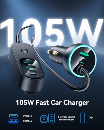 Rocoren 105W 6‑Port PD USB‑C Car Charger with 5FT Cable, Travel Essentials | Cigarette Lighter Adapter Powers Multiple Devices At Once, Car Accessory For Road Trips And Compatible With IPhone 17/16