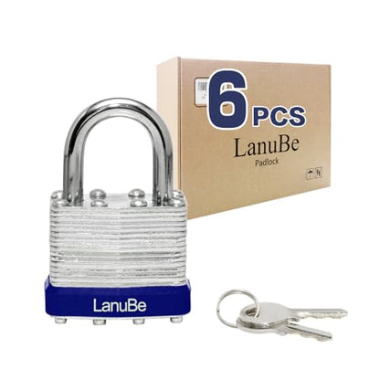 LanuBe Laminated Keyed Alike Padlock 6 Pack 1.6-in Wide Standard Shackle | Brass cylinder with keyed alike design.One key opens all locks. Blue ring, for gates, sheds,hasps ,toolboxes - size: 6 Pack Blue