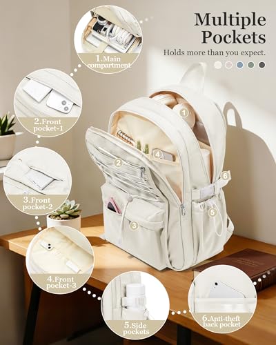 suwasp College Backpack for Women, Waterproof Laptop Backpack Fits 15.6 Inch Laptop, School Bookbag with Water Bottle Pocket, Anti Theft Work Backpack for College, Travel, Commuter - color: Milky White