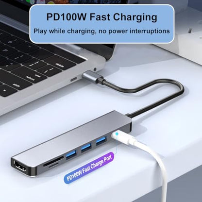 USB-C Hub Multi-Function Adapter 7-in-1 (Including 4K HDTV, 100W PD, USB 3.0, SD/TF Card Reader), Compatible with MacBook Air/Pro, iPad, Dell XPS, with Ethernet Port - size: 7in1