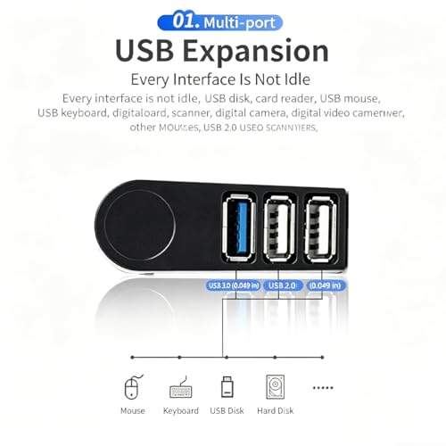 270° Rotatable USB Hub, 4-Port Compact Portable USB Splitter, USB 3.0 & 2.0 Dock for Laptop, PC, Notebook, Black/White