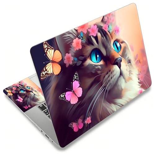 Laptop Skin Sticker Decal, Universal Reusable Vinyl Laptop Cover for 12" 13" 13.3" 14" 15" 15.4" 15.6" Notebook PC, Reusable Waterproof Scratch-Resistant with 2 Wrist Pads,Cat Butterflies - color: Cat Butterflies
