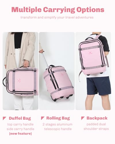 Hynes Eagle Rolling Backpack 42L Backpack with Wheels Airline Approved Carry on Luggage Laptop Travel Suitcase Bag for Women Men Light Pink - color: Light Pink