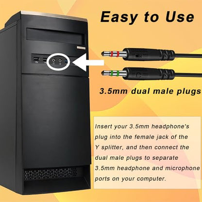 3.5mm Headphone Splitter for PC TRRS Female to TRS Dual Male Y Splitter | Aux Cable Headset Audio Adapter Cord for Gaming Headphone Earphone to Dual-Jack PC Desktop Computer Laptop