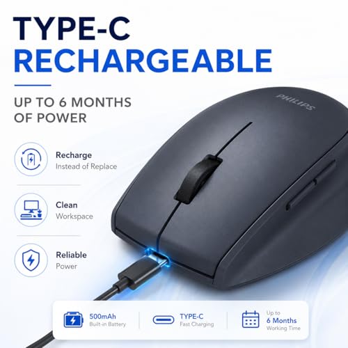 PHILIPS Wireless Mouse, USB-C Rechargeable, Silent, 3-Device | Morandi Design, 5 Programmable Buttons, Bluetooth & 2.4GHz, Laptop, MacBook, iPad, Windows, Multi-Device Switching