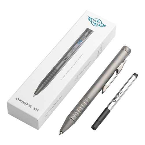 OKNIFE B1 Ti Titanium Pen with 2-in-1 Clip, 2 pcs Refills | Bolt Action EDC Pen with Built-in Spinning Top for Smooth Writing and Everyday Carry (Titanium) - color: titanium