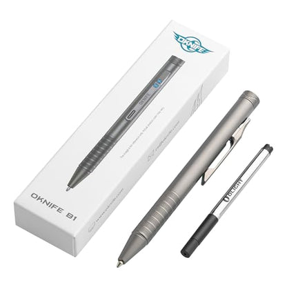 OKNIFE B1 Ti Titanium Pen with 2-in-1 Clip, 2 pcs Refills | Bolt Action EDC Pen with Built-in Spinning Top for Smooth Writing and Everyday Carry (Titanium) - color: titanium