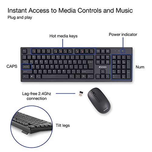 Verbatim Slimline Wireless Keyboard and Mouse Combo 2.4GHz USB Plug-and-Play Numeric Keypad Adjustable Tilt Legs Optical Wireless Mouse Full-Size Computer Keyboard Compatible with PC, Laptop 70741 - style: Wireless Keyboard & Mouse