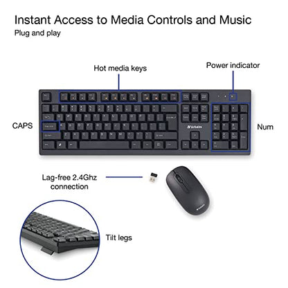Verbatim Slimline Wireless Keyboard and Mouse Combo 2.4GHz USB Plug-and-Play Numeric Keypad Adjustable Tilt Legs Optical Wireless Mouse Full-Size Computer Keyboard Compatible with PC, Laptop 70741 - style: Wireless Keyboard & Mouse