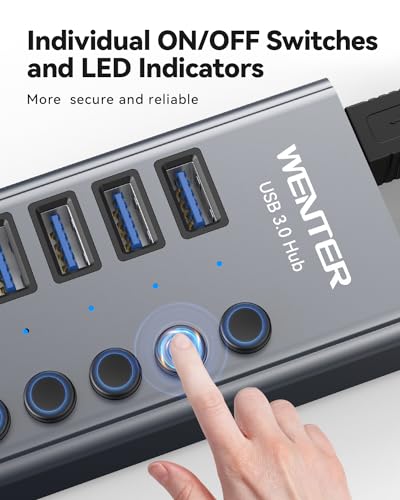 Powered USB 3.0 Hub, Wenter 13 Ports Powered USB Hub with SD/TF Card Reader, Aluminum USB Splitter with Individual On/Off Switches, 12V/3A 36W Power Adapter for PC/Laptops - size: Aluminum 13 Ports