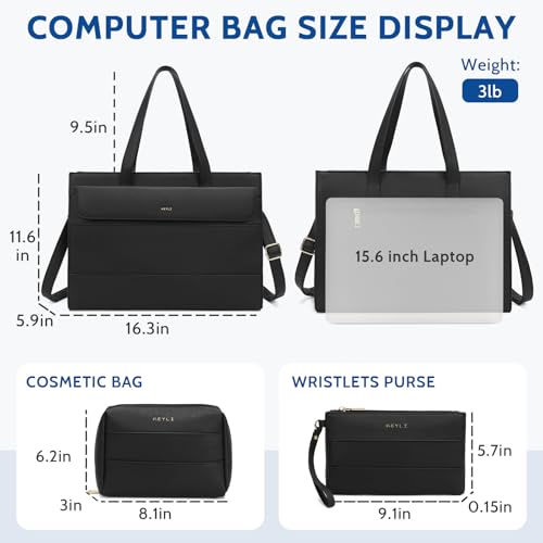 Keyli 3pcs Laptop Bag for Women 15.6 Inch Leather Work Tote Bags Professional Business Office Computer Shoulder Briefcase - color: Sets-black