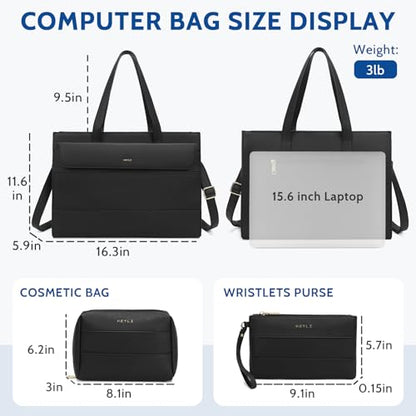 Keyli 3pcs Laptop Bag for Women 15.6 Inch Leather Work Tote Bags Professional Business Office Computer Shoulder Briefcase - color: Sets-black