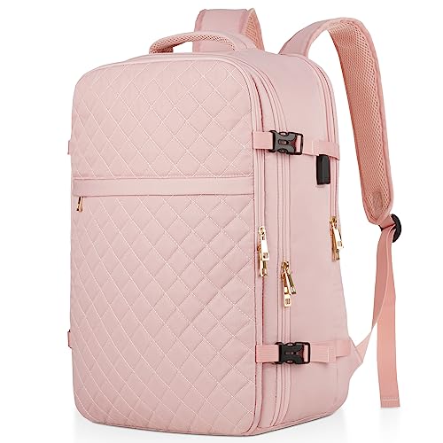 Large Travel Backpack Women, Flight Approved Carry On Backpack, Water Resistant Anti-Theft Large Casual Daypack Fit 17 Inch Laptop with USB Charging Port, Pink - color: Pink, size: 17.3 inch