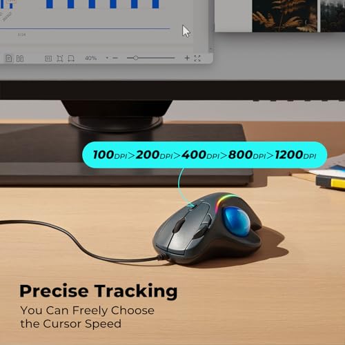 Wired Trackball Mouse with RGB Lighting, Ergonomic Thumb Control to Reduce Muscle Strain, 5 Adjustable DPI, Dual USB-C & USB-A Connectivity, Compatible with PC, Laptop, Mac, Windows-Blue - color: A-Blue