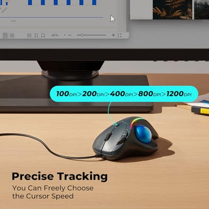Wired Trackball Mouse with RGB Lighting, Ergonomic Thumb Control to Reduce Muscle Strain, 5 Adjustable DPI, Dual USB-C & USB-A Connectivity, Compatible with PC, Laptop, Mac, Windows-Blue - color: A-Blue