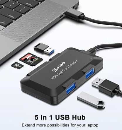 5 in 1 USB Hub with SD/TF Card Reader, USB Extender with 3 USB-A Ports for Laptop, PC, Desktop, Mouse, Keyboard, Projector and More(Black/3.3FT Cable)