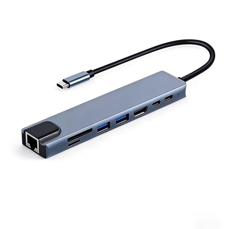 USB-C Hub, 8-in-1 Multiport Adapter with HDTV, USB 3.0, RJ45 Ethernet, SD Card Reader, and USB-C Charging Port