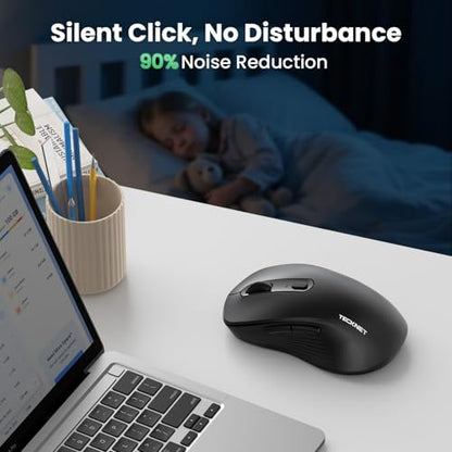 TECKNET Rechargeable Bluetooth Mouse, [ USB + BT5.0 + BT3.0 ] Wireless Mouse, Ergonomic Design, Silent Click, 6-Level 4800 DPI Wireless Mice, 3-Device Switching for Laptop, Computer, MacBook（Black） - color: Black