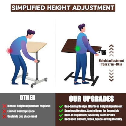 Adjustable Overbed Bedside Table with Wheels, Rotatable Desktop Height-Adjustable Bed Table with Wheels, Rolling Tray Desk for Couch Laptop & Hospital Use, Adjustable Tray Table (Rotatable-Wood Color)