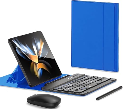 for Samsung Galaxy Z Fold 8 Ultra/8/7/6/5 Keyboard and Mouse, Portable Mini 7.9 inch Bluetooth Keyboard with Leather Stand Case and Pen, 4 in 1 Travel Set for Fold8 Wide Fold7 Accessories - color: Blue