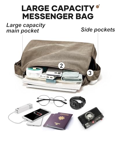 Messenger Bag for Men, Crossbody Bag Aesthetic, Water Resistant Unisex Classic Canvas Shoulder Bag - color: B2-khaki