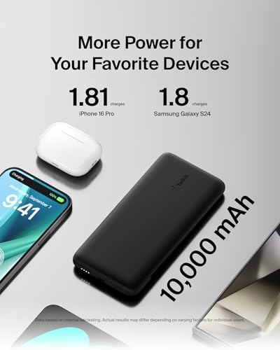 Belkin Portable Charger Power Bank for iPhone/Android (10,000mAh), 23W Battery Pack with Integrated USB-C, Lightning Cables, Pass-Through Capability, Charge 2 Devices at Once, Phone Charger Power Bank - color: Black
