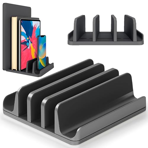 Elestoria 5- Slot Vertical Laptop Stand - Aluminum Laptop Stand Vertical for Desk - Fits MacBook Pro/Air, Surface, Mobiles & Gaming Laptops up to 17.3" - Heavy Duty Laptop Holder for Desk - (Black) - color: Black