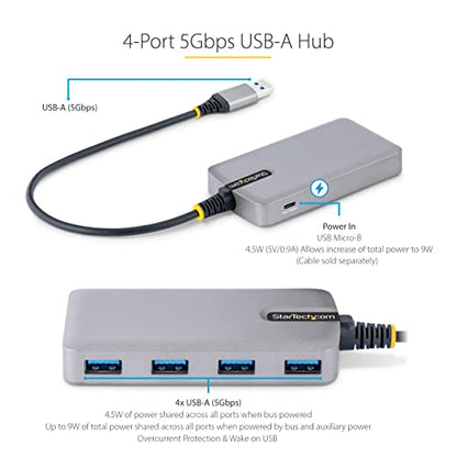 StarTech 4-Port USB-A Hub 5Gbps with Aux Power, 1ft Cable (5G4AB-USB-A-HUB) | USB 3.0, USB Powered, Host to 4x USB-A, Optional auxiliary power input, Portable desktop laptop expansion, 30cm reach