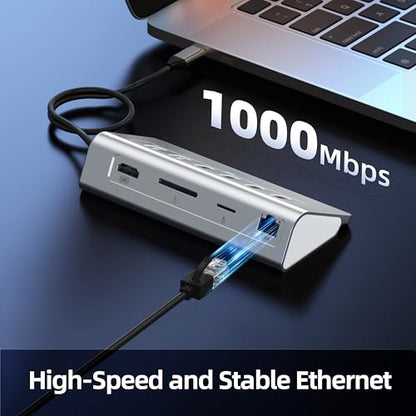 10-in-1 USB C Hub, P9R Powered USB Hub with 4K HDMI, 3 USB 3.0 5Gbps, PD 100W, 1Gbps Ethernet, SD/TF, Aluminum USB Hub for Laptop, MacBook Pro/Air, iPad Pro, iPhone 17, Dell, HP - color: Silver White, size: 1.64ft