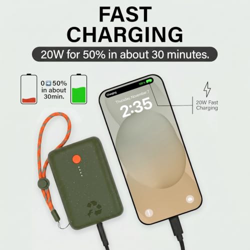 Nimble Champ Portable Charger, 10000mAh Power Bank, 20W Dual USB-C Charging | Compatible with iPhone, Samsung, Tablet, iPad, MacBook, Travel Essential Power Bank with 2ft USB C Cable Included - color: Outdoor Green