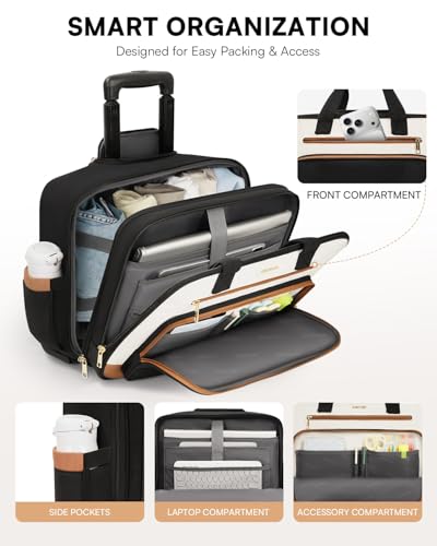 Rolling Laptop Bag Women,Puffer Rolling Briefcase, 16 inch Wheeled Laptop Bag,Stylish Overnight Underseat Water Resistant Carry On Luggage with Wheels for Work Travel Business,Ribbed Beige Brown - color: Ribbed Beige Brown