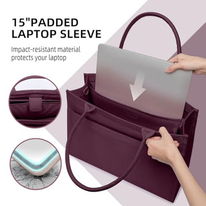 Laptop Tote Bag for Women, Large Canvas Totes with Zipper and Key Fob, Work School Bag Travel Bag Teacher Nurse Purse - color: Wine