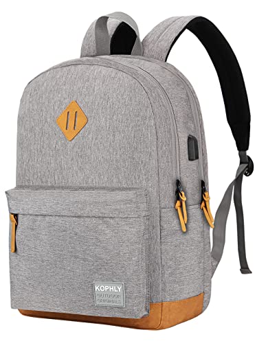 Lightweight Laptop Backpack with USB Charging Port for Men and Women, Double Layers Backpack for College, Work, Travel, Casual(Light Grey) - color: Light Grey and Brown