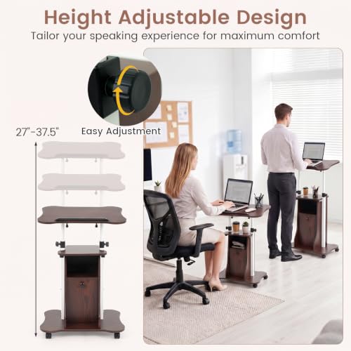 Giantex Mobile Podium Stand, Height Adjustable Laptop Computer Cart w/Tilting Top, Storage Cabinet & Lockable Wheels, Church Classroom Lecture, Sit-to-Stand Desk for Home Office (Brown,1) - color: Brown