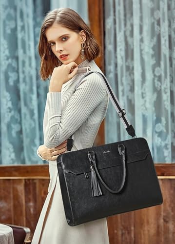 15.6 Inch Laptop Tote Bag with Clutch Purse for Women | Water-Resistant Vegan Leather Computer Briefcase with Satchel Purse,Professional Business Tote,Casual Handbag,Work Office - color: Two-tone Black