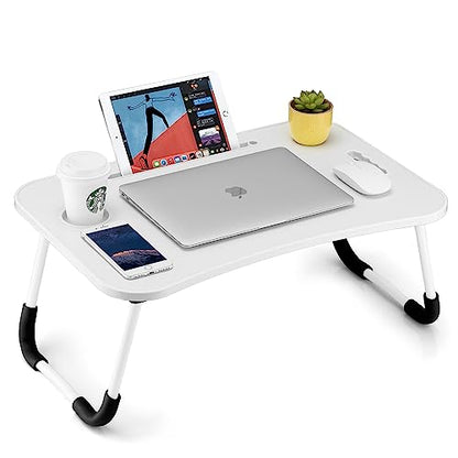 FISYOD Foldable Laptop Table, Portable Lap Desk Bed Table Tray, Laptop Stand with Cup Holder & Tablet Slot & Lifting Handle for Working Writing Drawing & Eating (White) - color: White