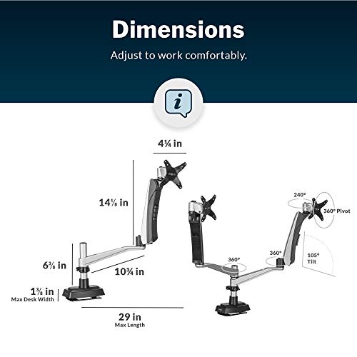 Vari Dual Monitor Arm - VESA Monitor Mount w/ 360 Degree Adjustment - Monitors up to 27 inches, 19.8 lbs - Double Monitor Arms with Full Adjustability - Computer Monitor Stand for Home or Office - style: Dual-Monitor Arm