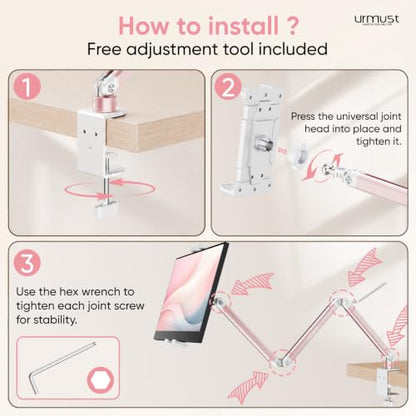 Portable Monitor Stand up to 18.5", iPad Stand for Desk, Pink | Aluminum Arm, Portable Monitor Holder 15.6", Adjustable Desktop Tablet Mount, Second Screens - size: 3 Arm Pro-Up to 18.5" Pink