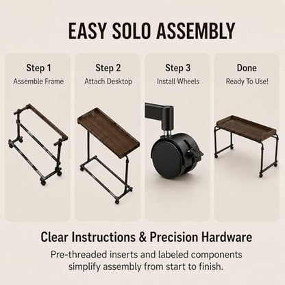 Over Bed Table with Wheels, Width & Height Adjustable, Rolling Over the Bed Desk with Cup Holder & Raised Baffle, Mobile Laptop Desk for King Queen Size Beds, Home Office, Bedroom Hospital Workstation
