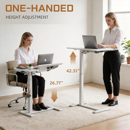 ETHU Foldable Overbed Table with Wheels, Rolling Laptop Standing Desk with Height Adjustable 26.77”-42.51” & Tilting Desktop, Mobile Work Desk for Bedside, Sofa and Home Office Use, White