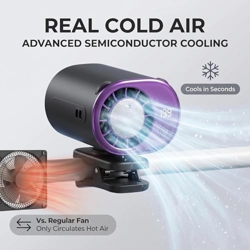 2026 Car Clip On Air Conditioner Fan with Semiconductor Cooling, 199 Speeds Adjustable, LED Display, 360° Rotation, USB Rechargeable Portable Personal Cooler for Office Umbrella Bike Beach
