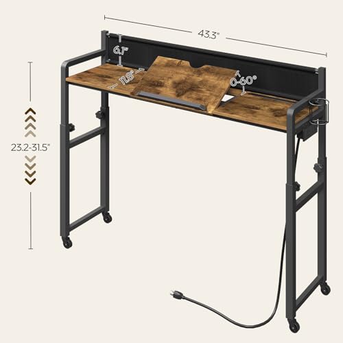 Overbed Table with Wheels, Height Adjustable, Recliner Table with Charging Station and Laptop Stand, Rolling Table with Storage and Cup Holder, Side Table for Living Room, Bed Room, Rustic Brown