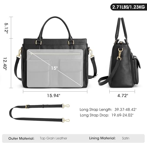 Kattee Leather Briefcase for Women, 15 Inches Laptop Bag, Work Tote with Luggage/Shoulder Strap - color: Black
