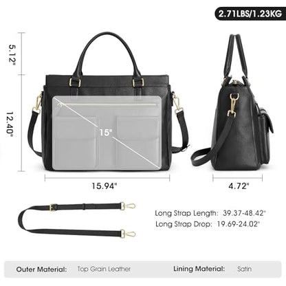 Kattee Leather Briefcase for Women, 15 Inches Laptop Bag, Work Tote with Luggage/Shoulder Strap - color: Black