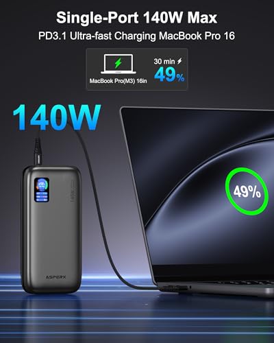AsperX Laptop Power Bank, 25,000mAh 140W PD 3.1 Fast Charging USB C | TFT Display Portable Charger Battery Pack(92.5Wh) for MacBook Pro/iPhone 17/Dell XPS/Galaxy S25/ipad/HP (Flight-Approved) - color: Deep Grey